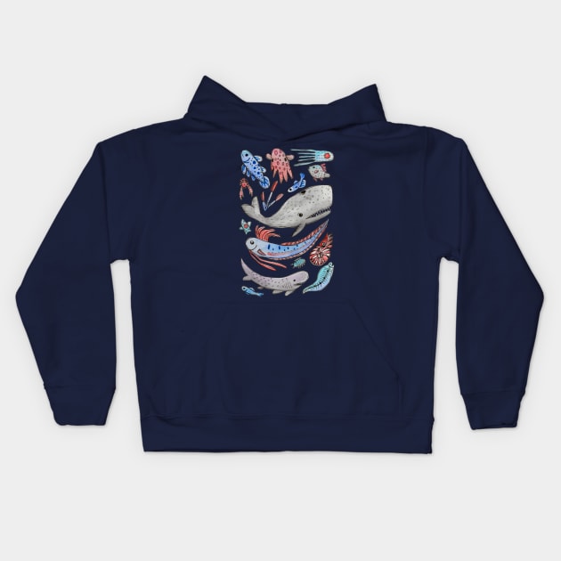 Deep Sea Fish and Creatures in Watercolor Kids Hoodie by narwhalwall